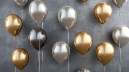 Obraz premium Colorful balloons in gold, silver, and black against a textured wall