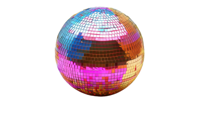 Colorful disco ball rotating and reflecting light on transparent background