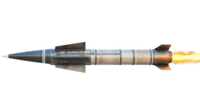 Cruise missile flying and firing with transparent background