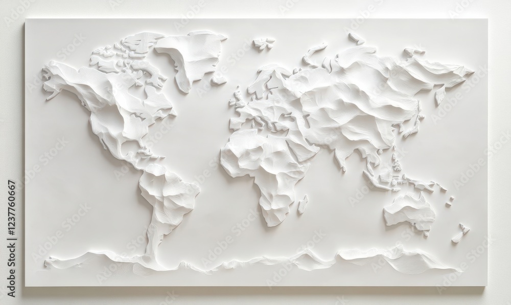 Poster a white relief map of the world with textured continents and oceans, showcasing geographic features 
