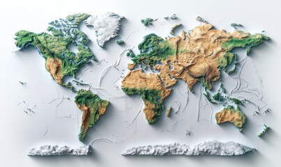 A 3D relief map of the world showcasing topographical features like mountains, valleys, and oceans with vibrant colors representing different terrains.