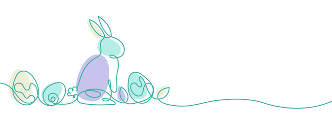 Happy Easter handwritten lettering line design colorful Easter bunny eggs grass white greeting card. Suitable for horizontal posters, greeting cards, or website headers.	
