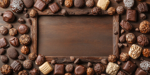 Draufsicht auf einen Rahmen aus verschiedenen Pralinen aus Schokolade Webebanner - Postkarte- Werbeschild für Pralinen. Naschen - Luxus