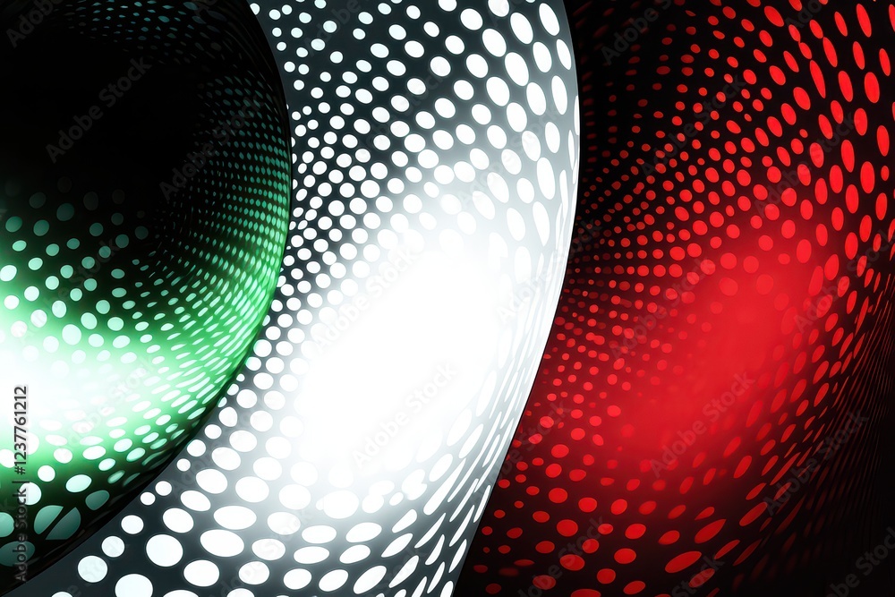 Poster abstract design featuring swirling patterns of green, white, and red dots on a dark background