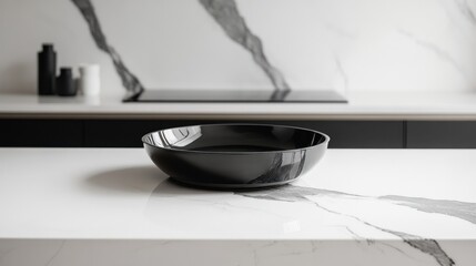 A sleek black bowl on a white marble countertop, emphasizing modern design and simplicity.