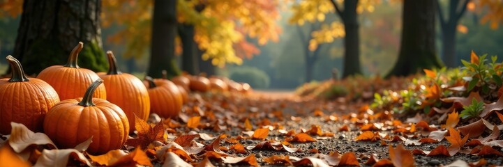 Piles of fallen leaves and pumpkins create a sombre atmosphere, leaves, natural decor, seasonal decor