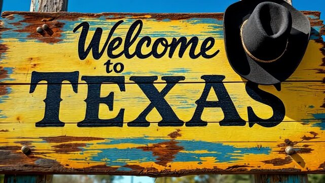 Rustic texas welcome sign with cowboy hat swaying in the breeze under clear blue skies