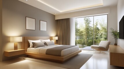 Fototapeta premium Modern Minimalist Bedroom with Natural Light and Elegant Furniture in Tranquil Setting