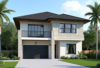 Contemporary two story residence featuring stone accents and a balcony overlooking a lush garden