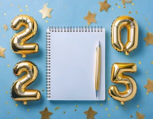 Flat lay of a blank spiral notebook with a pen, surrounded by shiny golden 2025 foil balloons on a pastel blue background. Perfect for New Year resolutions, planning, or celebration themes
