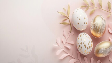 Obraz premium Elegant Easter Eggs with Gold and White on Soft Pink Background