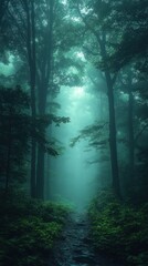 Obraz premium Enigmatic Forest Path: A Mystical Journey Through Verdant Woods