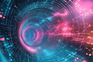 Fototapeta premium Abstract digital vortex with vibrant colors and glowing particles swirling in a futuristic space