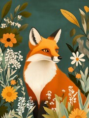 A vibrant, illustrated fox surrounded by colorful flower and foliage in a serene, artistic setting