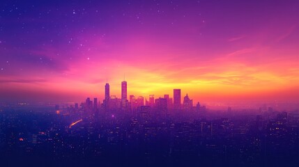 Obraz premium Cityscape sunset, twilight, stars, hazy skyline, urban night, advertising