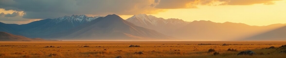 Obraz premium Soft golden light illuminates Altai Mountains against a vast steppes backdrop, vast, misty,