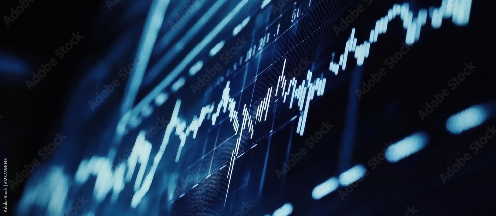 Poster a close-up view of a digital graph displaying fluctuating data trends on a sleek, high-tech backgrou