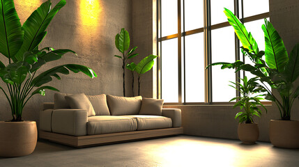 Modern Living Room Interior Design with Beige Sofa and Tropical Plants near Large Window