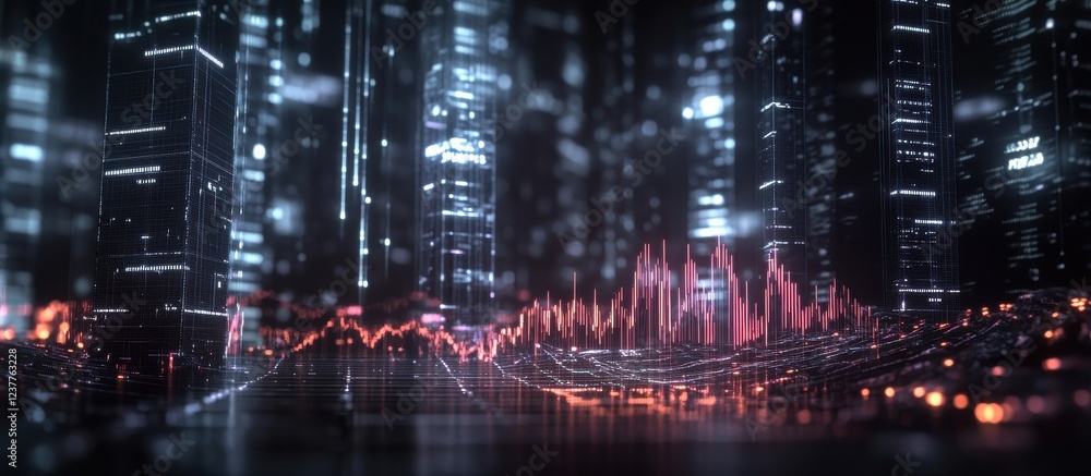 Poster a futuristic cityscape featuring glowing skyscrapers and dynamic data visualizations, creating a vib