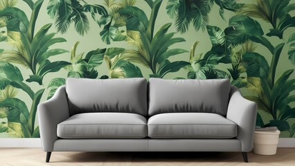 Modern Grey Sofa – Stylish Couch with Tropical Green Interior Aesthetic