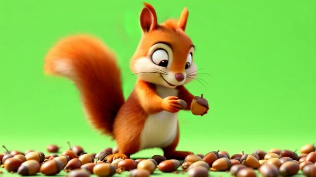 Cute cartoon squirrel holding acorn, green screen, many acorns