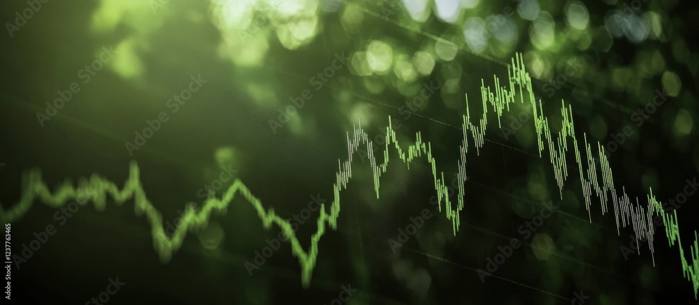 Poster a digital graph with green lines representing data trends, set against a blurred natural background 