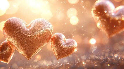 Fototapeta premium Golden hearts floating, bokeh background, romantic, Valentine's