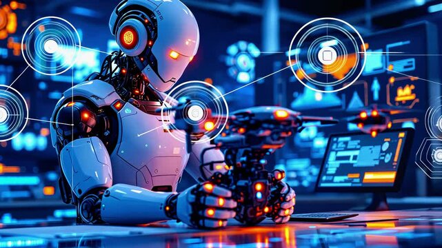 Futuristic robot assembling a drone in a high-tech lab with digital interfaces and glowing elements