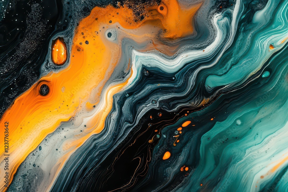 Poster abstract fluid art featuring vibrant orange and teal swirls, creating a dynamic visual flow