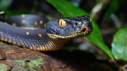 Obraz premium Blue viper snake closeup face, viper snake, blue insularis, Trimeresurus Insularis, animal closeup