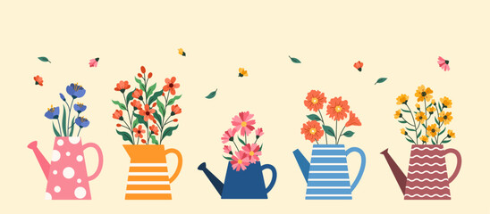 Flat flower in a watering can collection vector illustration © iftitart