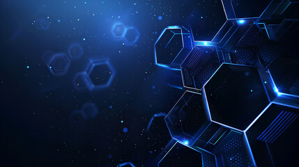 Blue technological background with hexagons and glowing lines, dark blue background, futuristic design, create an atmosphere of technological innovation.