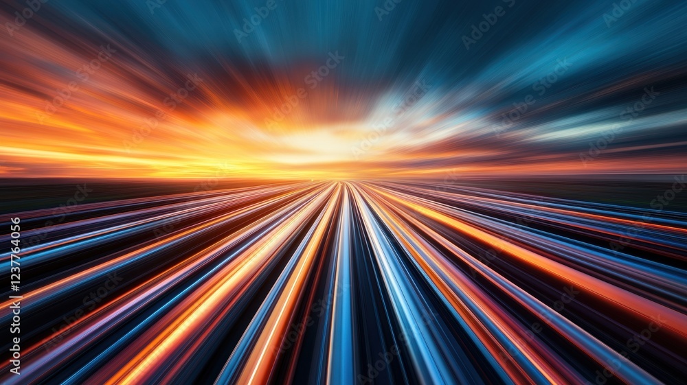 Poster a vibrant sunset with rays of light extending towards the horizon creates a dynamic and colorful lan