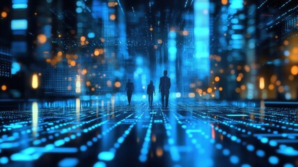 A futuristic scene featuring silhouettes of individuals amidst a vibrant, digital landscape with glowing blue lights and data visuals.