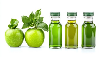 Fresh Green Apples and Herbal Oil Bottles on White Background