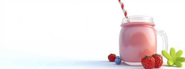 Refreshing Strawberry Smoothie in Jar with Straw and Berries
