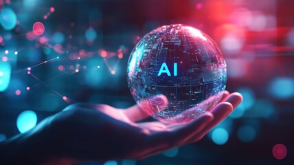 A hand holds a glowing orb displaying "AI," surrounded by vibrant colors and digital elements, symbolizing technology and innovation.