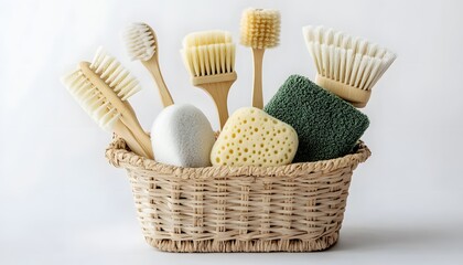 Wooden handled brushes and sponges in a wicker basket