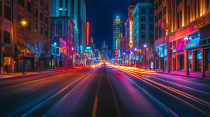 Obraz premium Background of empty street at night, neon light, asphalt, concrete