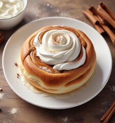 Round plate filled with a soft, fluffy cinnamon bun, topped with a dollop of whipped cream and sprinkled with cinnamon powder, kitchen item, whipped cream, food on plate