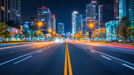 Obraz premium Background of empty street at night, neon light, asphalt, concrete