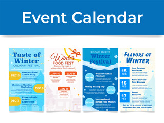 Event calendar winter food fair design template set vector flat illustration