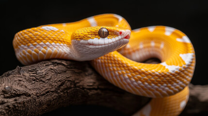 Fototapeta premium The Yellow White-lipped Pit Viper (Trimeresurus insularis) closeup on branch with black background, Yellow White-lipped Pit Viper closeup