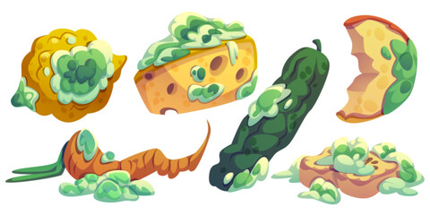 Rotten food with moldy lemon, cheese slice in fungus, decomposed carrot with green spots, spoiled cucumber, apple with decay patches. Set of deteriorated products with various stages of decomposition.