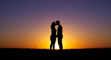 Fototapeta premium Silhouetted Couple Kissing at Sunset Romantic Outdoor Scene Love