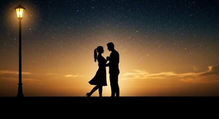 Romantic Couple Silhouette at Sunset Under Starry Night Sky Embracing by Lamppost
