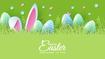 Joyous Easter holiday featuring eggs, rabbit ears, and flowers against a vibrant backdrop and paper style. Suitable for greeting cards or party invitations.
