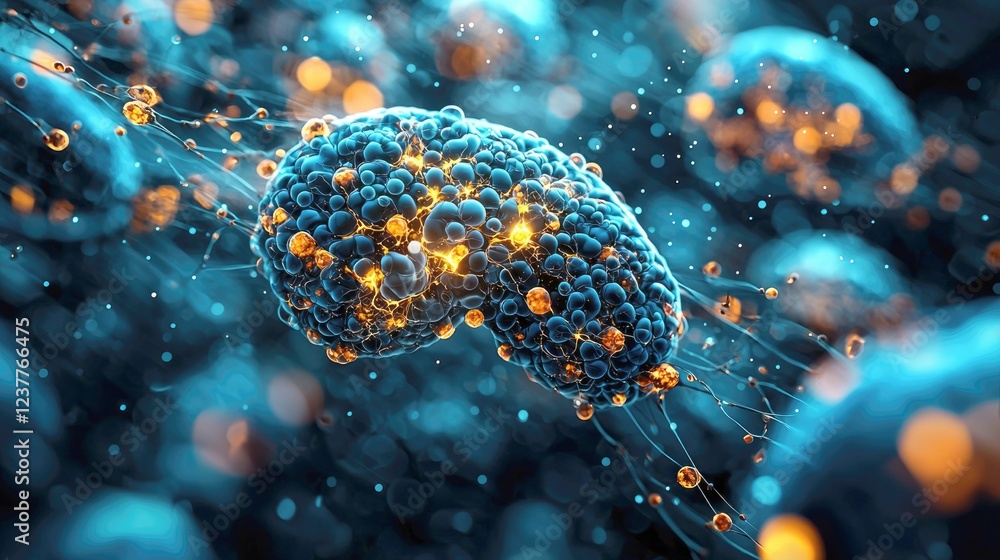 Poster microscopic cellular structures: a glowing 3d visualization of biological anatomy and network connec