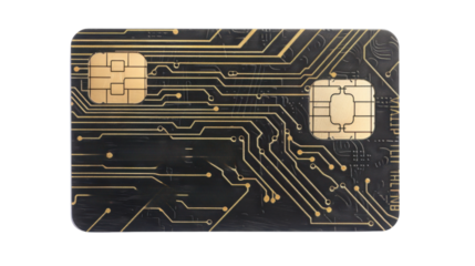 Black credit card showing microchip and circuitry on transparent background