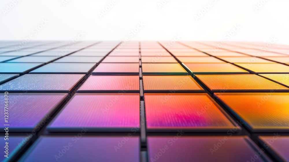 Poster a close-up view of colorful, reflective panels arranged in a grid pattern.